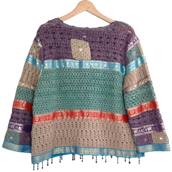 Vintage 90's Boho Patchwork Beaded Accents Sz L Relaxed Artisan Crochet Sweater - Picture 3 of 12